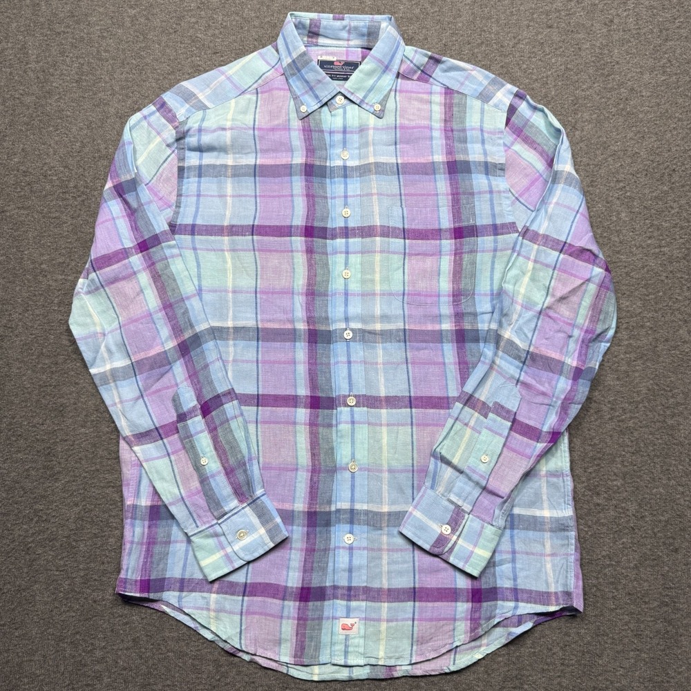Vineyard Vines Shirt Mens Medium Blue Plaid Murray Classic Linen‎ Whale Button